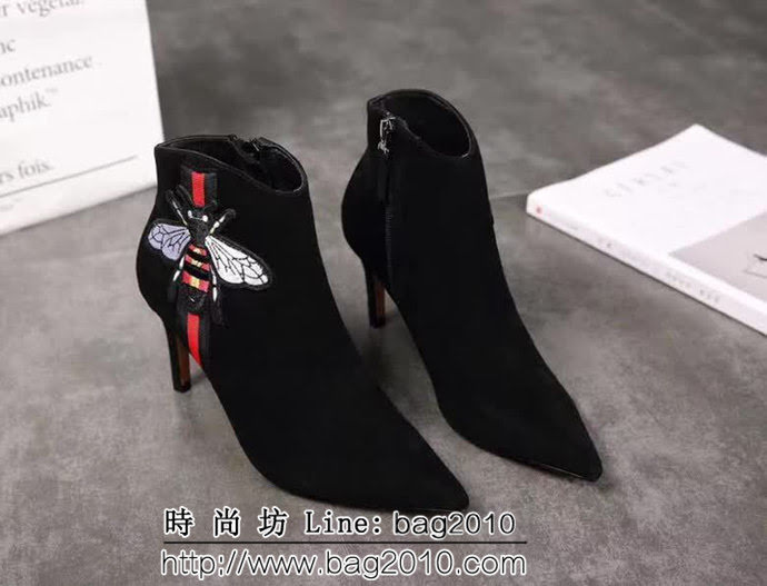 GUCCI古馳 牛皮+羊絨 黑色 女士尖頭短靴 QZS1372